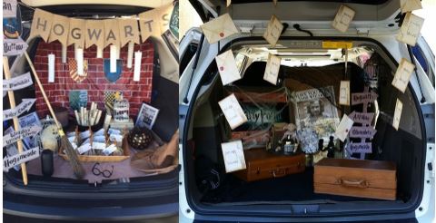 Trunk with brooms and harry potter themed items along with brick wall and Hogwarts houses