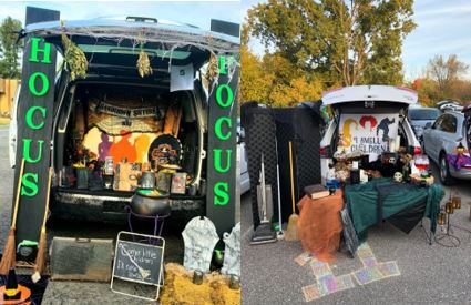 Trunk decorated with items from the movie hocus pocus including the witches and other witch items