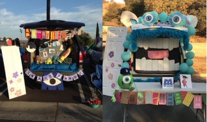 Trunk decorated with purple and blue items from Monsters Inc movie